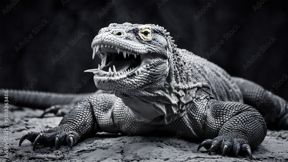 Obraz premium Close-up Portrait of a Komodo Dragon with its Mouth Slightly Open, Revealing Sharp Teeth
