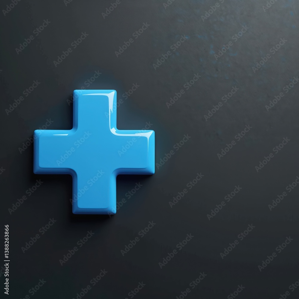 Obraz premium 3D blue medical cross icon black textured background. Pro minimalistic design healthcare medical services. Symbol for health care aid emergency pharmaceutical service doctor hospital treatment.
