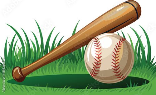 wooden baseball bat and ball, green grass isolated 