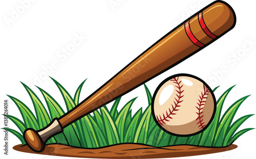 wooden baseball bat and ball, green grass isolated 