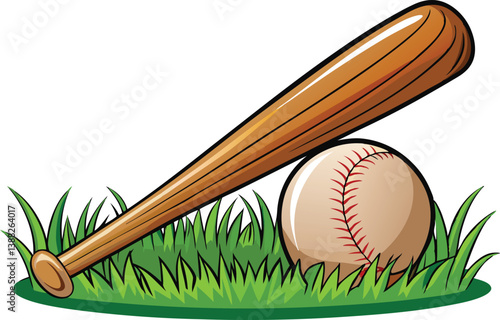 wooden baseball bat and ball, green grass isolated 