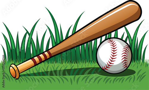 wooden baseball bat and ball, green grass isolated 