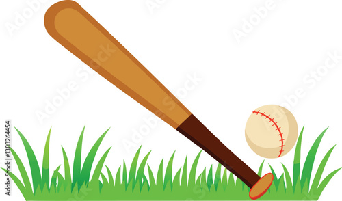 wooden baseball bat and ball, green grass isolated 