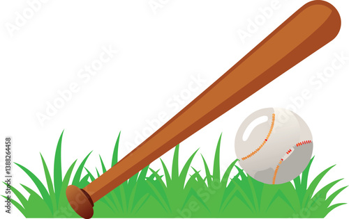 wooden baseball bat and ball, green grass isolated 