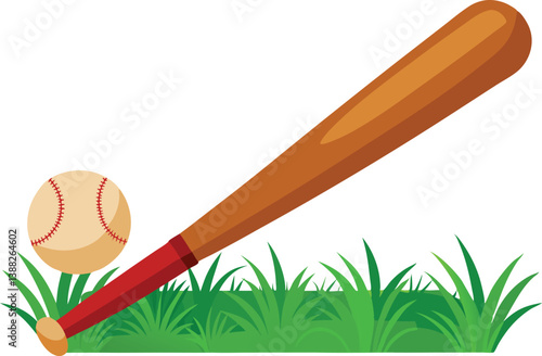 wooden baseball bat and ball, green grass isolated 