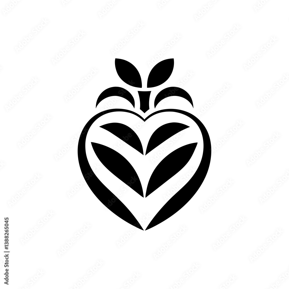 Heart Shaped Strawberry Fruit Icon with Leaf Layers Heart Shaped Strawberry Fruit Icon with Leaf Layers
