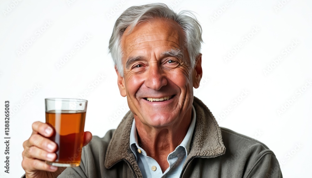 Cheerful elderly man smiling while holding glass cold drink. Senior with a happy smile. Enjoying beverage. Refreshment, leisure, holiday. Retirement, lifestyle, positive vibes. Cheerful elderly man smiling while holding glass cold drink. Senior with a happy smile. Enjoying beverage. Refreshment, leisure, holiday. Retirement, lifestyle, positive vibes.