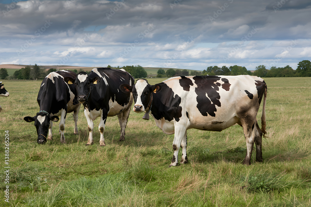 Cows grazing in green field under cloudy sky