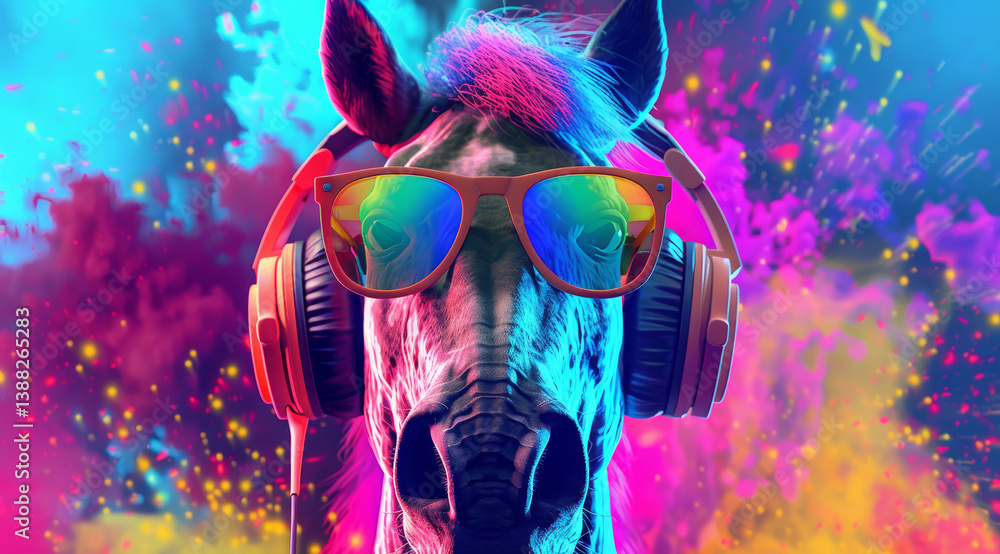 A joyful horse showcases its playful side, sporting stylish sunglasses while a colorful and lively backdrop creates a festive mood around it A joyful horse showcases its playful side, sporting stylish sunglasses while a colorful and lively backdrop creates a festive mood around it