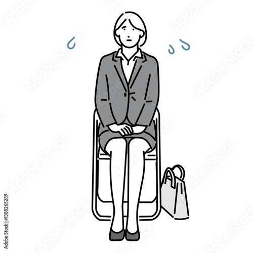 Simple illustration of a woman being interviewed in an office - atmosphere of anxiety, worry and nervousness.オフィスで面接を受ける女性ー不安と心配と緊張の雰囲気のシンプルイラスト素材