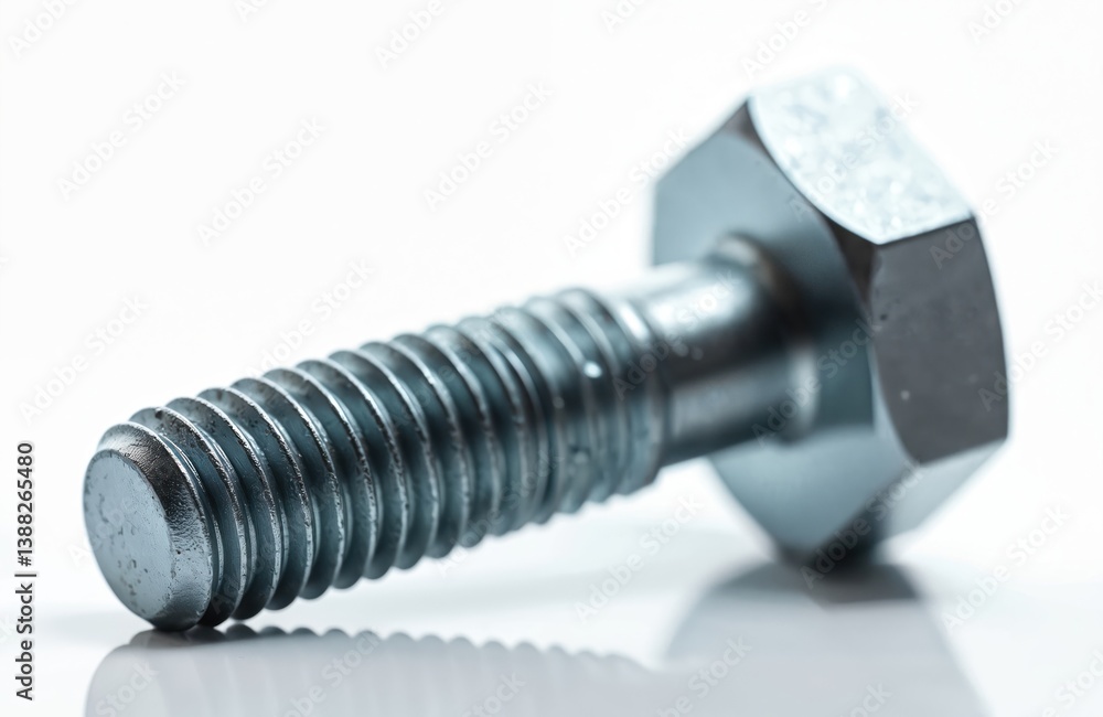 Metal bolt isolated white background. Macro shot screw with thread, nut head. Fastener for construction, engineering, repair, join, connect, secure, attach parts. Durability, strength, precision Metal bolt isolated white background. Macro shot screw with thread, nut head. Fastener for construction, engineering, repair, join, connect, secure, attach parts. Durability, strength, precision