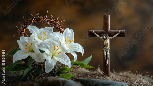 White lilies with a crown of thorns and a crucifix, symbolizing Easter