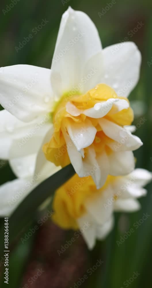 Narcissus flower in slow motion with water drops Narcissus flower in slow motion with water drops