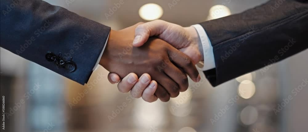 Closeup on two businessmen shake hands in a close-up shot with blurred office lights in the background. Concept of partnership, trust, and business agreement.