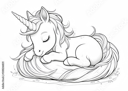 Illustration of a sleeping unicorn with closed eyes curled up on its flowing mane in black and white