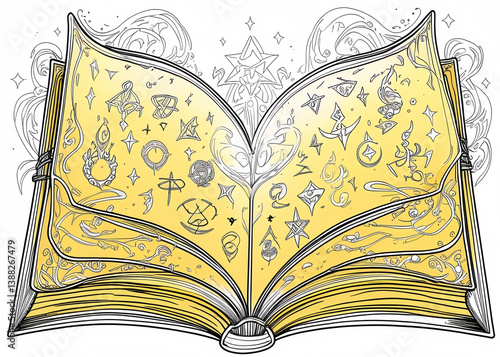 An open book with yellow pages filled with various symbols and star shapes outlined in black ink