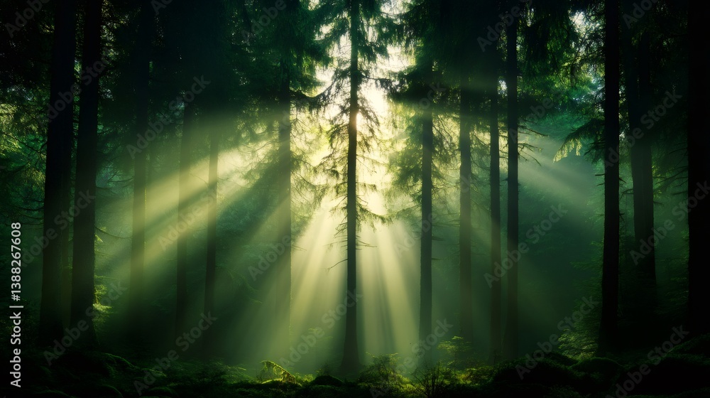 Obraz premium Sunbeams filtering through misty forest canopy creating magical atmosphere