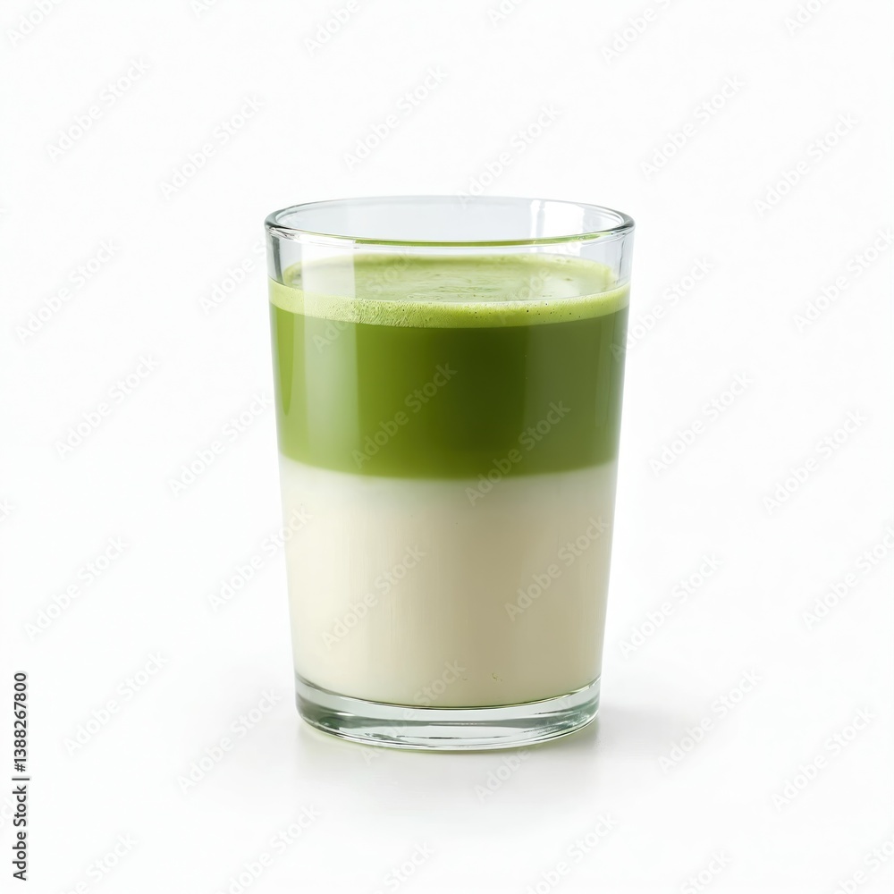 Matcha latte green tea drink isolated on white background. Glass filled with layered beverage. Japanese matcha and milk drink with foam froth. Refreshing drink, healthy beverage, hot drink Matcha latte green tea drink isolated on white background. Glass filled with layered beverage. Japanese matcha and milk drink with foam froth. Refreshing drink, healthy beverage, hot drink