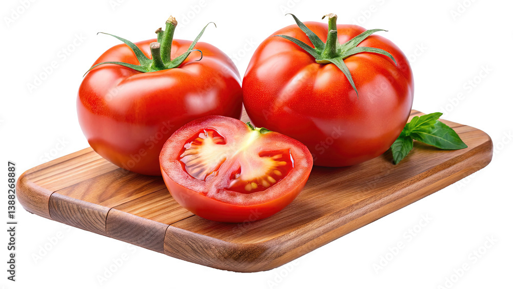 Two ripe red tomatoes and a sliced tomato on a wooden cutting board with basil leaves Two ripe red tomatoes and a sliced tomato on a wooden cutting board with basil leaves