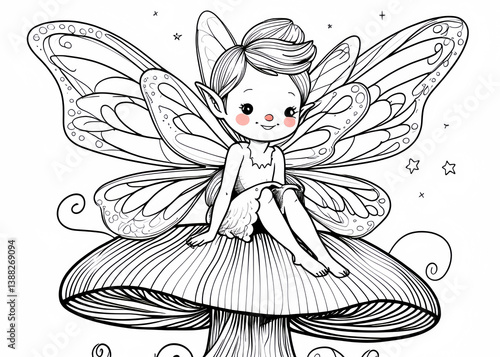 A black and white outline drawing of a fairy sitting on a mushroom with butterfly wings and stars
