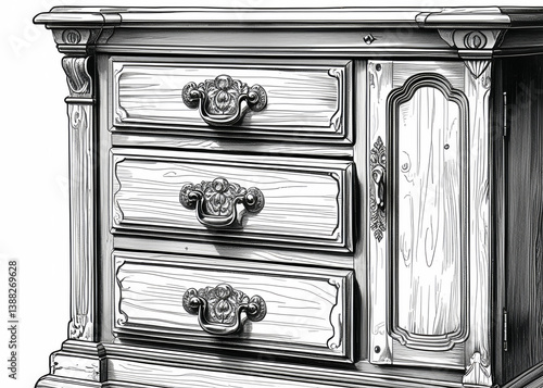Detailed sketch of an antique wooden dresser with ornate handles and decorative side columns