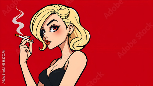 Blonde with cigarette on red background