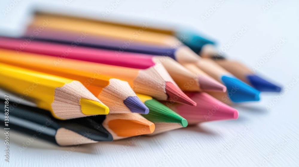 Colorful sharpened pencils arranged in a row on a white surface, and close-up composition highlighting vibrant hues and creative potential. Colorful sharpened pencils arranged in a row on a white surface, and close-up composition highlighting vibrant hues and creative potential.