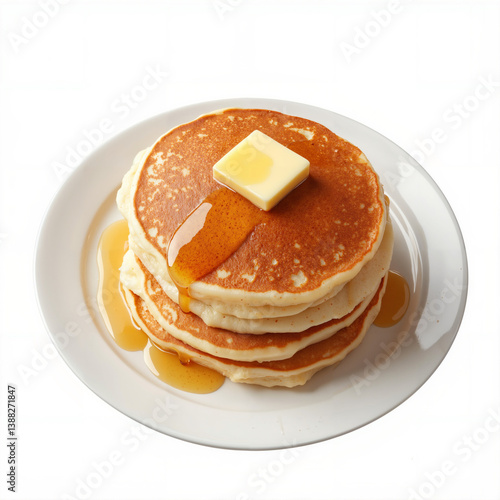Pancakes with butter and honey, honey is seen melting from the top of the pancake to the bottom, placed on a plate, perfect breakfast, isolated on a white background