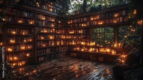 A cozy lo-fi library at night, wooden shelves filled with old books, the soft golden glow of candles flickering in a tranquil corner,