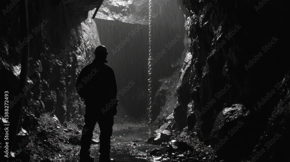Obraz premium Miner Standing Inside Dark and Wet Underground Cave Black and White