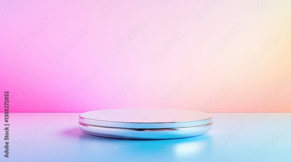 A sleek metallic platform displayed on a smooth surface with a vibrant gradient background, modern minimalist design, and studio setting for product showcase. A sleek metallic platform displayed on a smooth surface with a vibrant gradient background, modern minimalist design, and studio setting for product showcase.