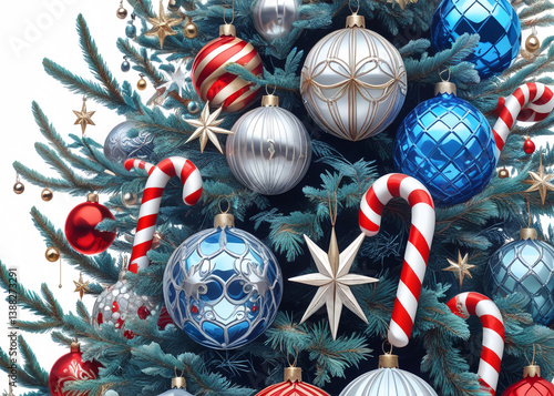 A close up view of a christmas tree decorated with ornaments, stars and candy canes hanging on it