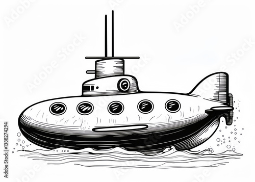 A black and white drawing of a submarine sailing on the water with visible portholes and masts