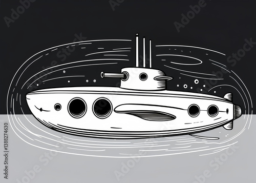A monochrome illustration of a submarine with periscopes in a stylized underwater setting