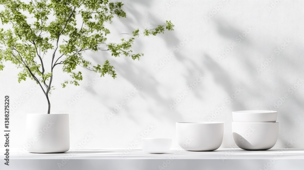 A small tree in a white pot sits on a surface with white bowls. The composition is minimalist. The image has high quality and bright lighting, creating a serene mood. The style is clean and modern. A small tree in a white pot sits on a surface with white bowls. The composition is minimalist. The image has high quality and bright lighting, creating a serene mood. The style is clean and modern.