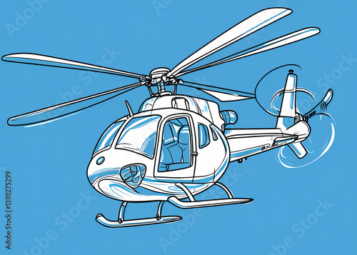 Illustration of a white helicopter with blue outline against a solid blue background