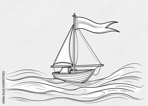 A line drawing of a sailboat with a flag sailing on wavy water against a light gray background