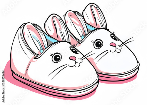 A pair of white bunny slippers with pink accents and cartoon faces on a white background