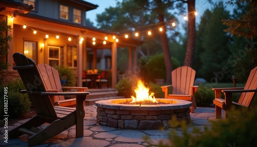 Fototapeta Naklejka Na Ścianę i Meble -  Outdoor fire pit lights up cozy late summer evening. Wooden chairs around fireplace, string lights. Warmth, comfort. Autumn, fall season concept. Gathering outdoors at home, friends, family enjoy