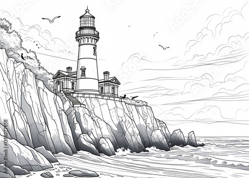 Illustration of a lighthouse on a cliff overlooking the ocean with birds in the sky above it