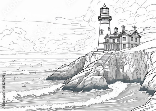 A black and white illustration of a lighthouse and house on a rocky cliff by the ocean