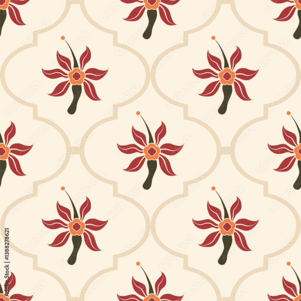 Fototapeta premium Hand drawn colourful geometric flowers, seamless patterns with floral for fabric, textiles, clothing, wrapping paper, backdrop, banner, illustration, abstract backgrounds. 