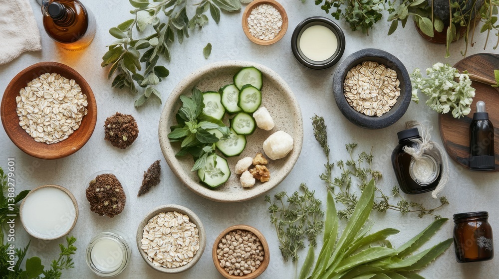 Organic spa ingredients like cucumber, aloe vera, and oatmeal prepared for skincare ritual Organic spa ingredients like cucumber, aloe vera, and oatmeal prepared for skincare ritual