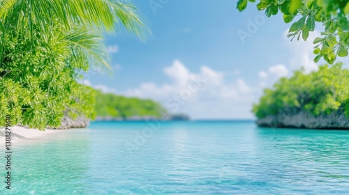 Tropical Beach Paradise Lush Greenery Vibrant, High-Definition, Clear Water Landscape Wide Shot, Tranquil Scene, Relaxation Vacation, Ocean View, Bright Turquoise Mood, Perfect for Travel Brochures