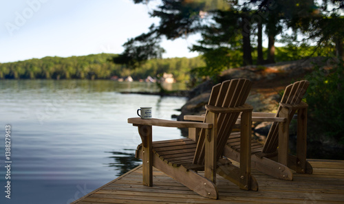 Two Adirondack chairs sit on a cottage dock, facing a calm Muskoka lake with cabins in view on a sunny summer morning. A coffee tin on one arm reads 