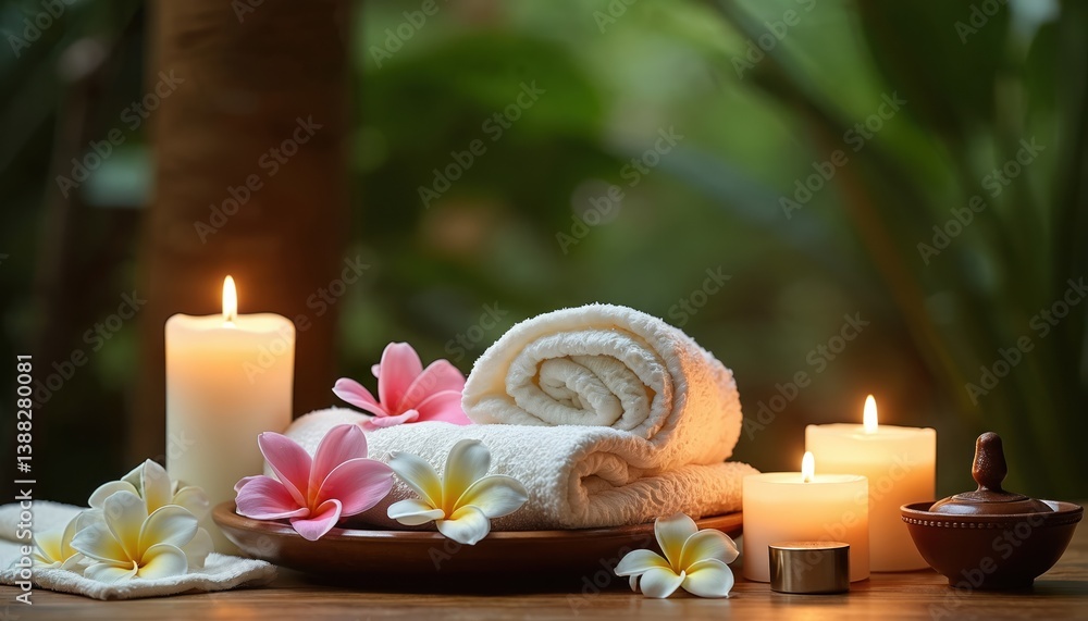 Spa still life with candles, flowers, towels. Zen wellness atmosphere, frangipani plumeria, aroma therapy. Relaxation treatment. Tropical spa concept, skincare, beauty. Massage salon for women. Spa still life with candles, flowers, towels. Zen wellness atmosphere, frangipani plumeria, aroma therapy. Relaxation treatment. Tropical spa concept, skincare, beauty. Massage salon for women.