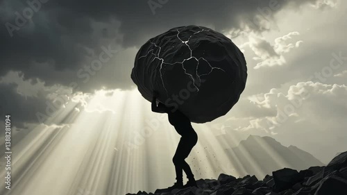 The Weight of Stress: A human figure carrying a massive boulder on their back, symbolizing the burden of mental health challenges	