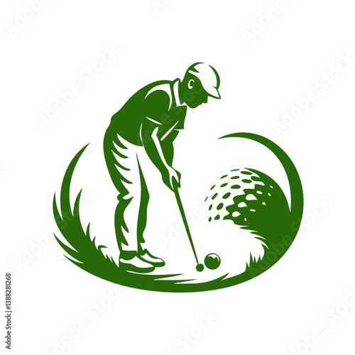 Golfer Swinging on Green with Ball Trail Icon for Sports Branding and Golf Tournament Promotions