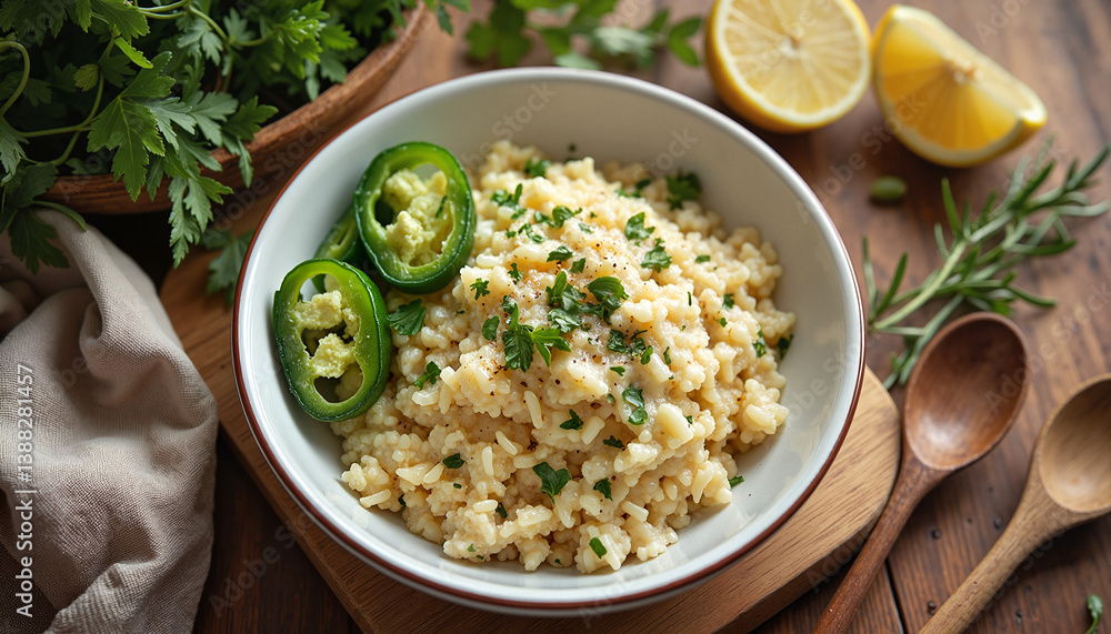 Cooked cauliflower rice with herbs and jalapeño in bowl Cooked cauliflower rice with herbs and jalapeño in bowl