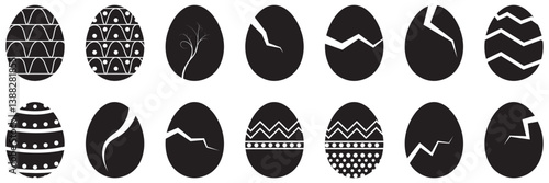 Broken eggs icon set isolated on black background. Broken Eggshell and cracked egg icon set in white color. Broken ester egg collection. Vector illustration.